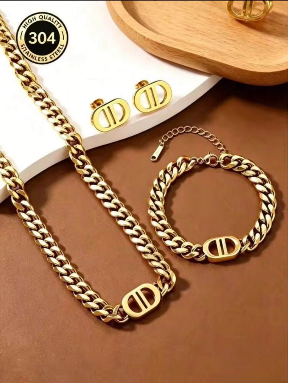 Gold Plated Link Chain Necklace, Bracelet & Earring Set - Picture 6 of 6
